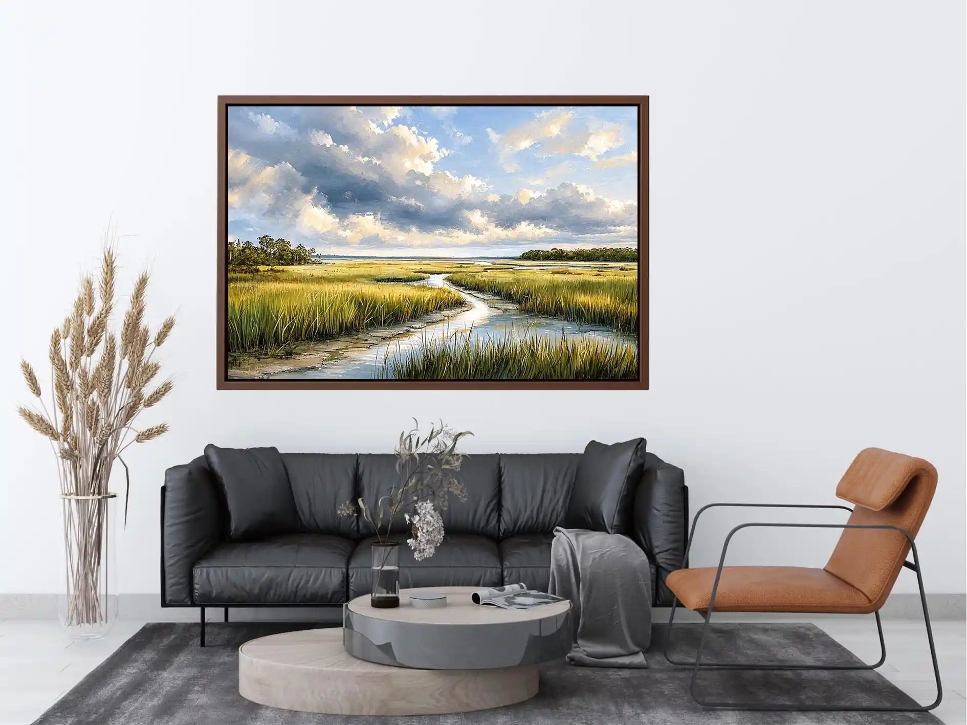 Serene marshland under stormy skies
