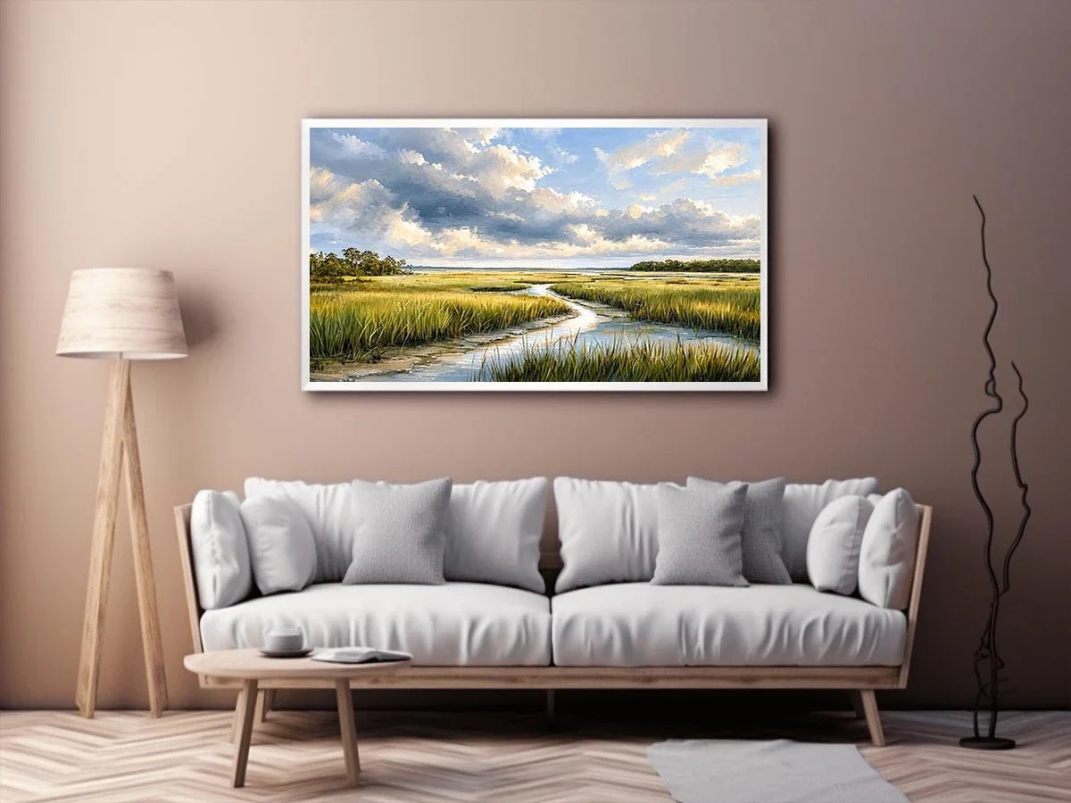 Serene marshland under stormy skies