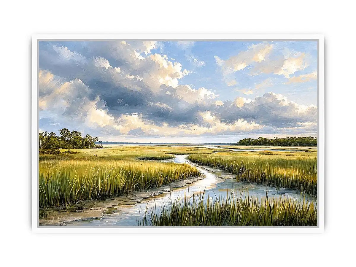 Serene marshland under stormy skies