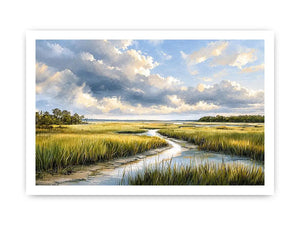 Serene marshland under stormy skies