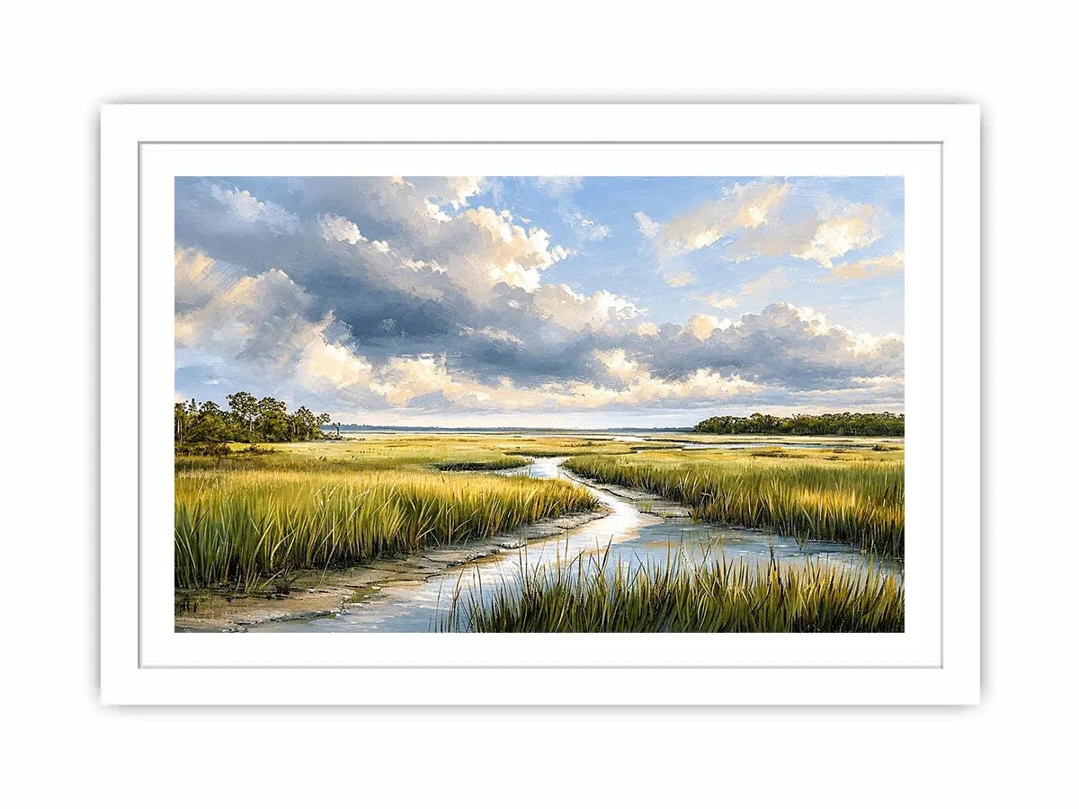 Serene marshland under stormy skies