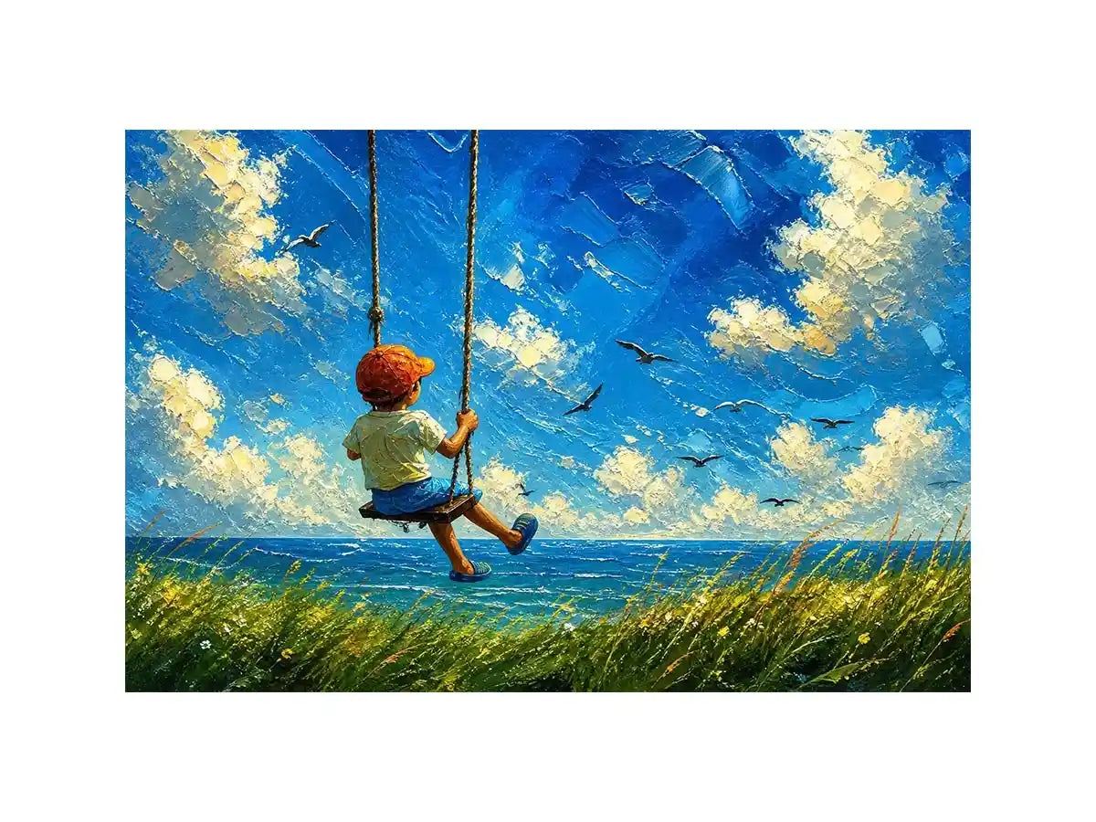 Child on swing overlooking the sea