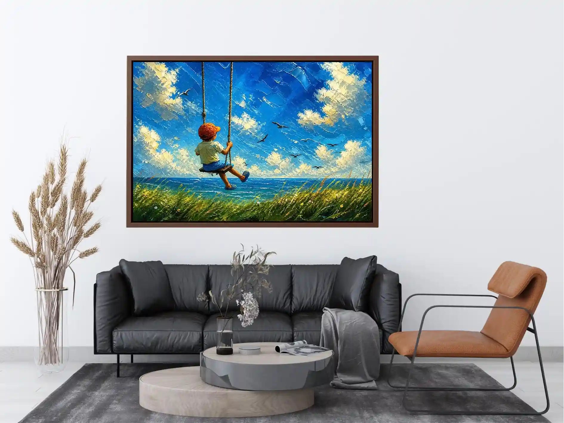 Child on swing overlooking the sea