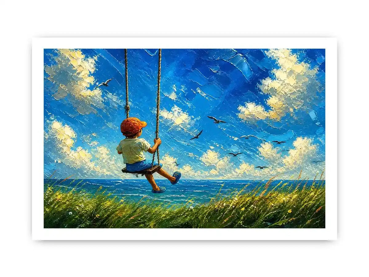 Child on swing overlooking the sea