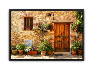 Rustic European cottage with blooming flowers