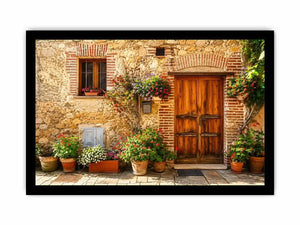 Rustic European cottage with blooming flowers