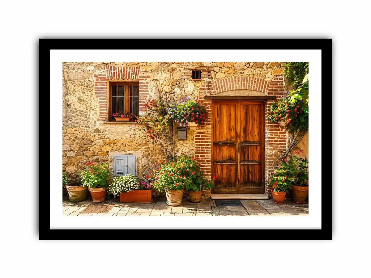Rustic European cottage with blooming flowers