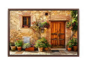 Rustic European cottage with blooming flowers