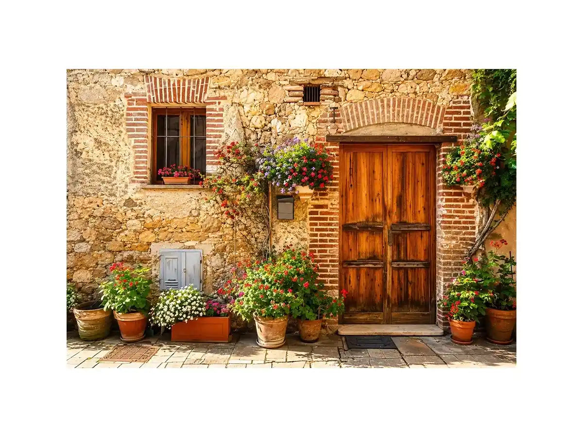 Rustic European cottage with blooming flowers