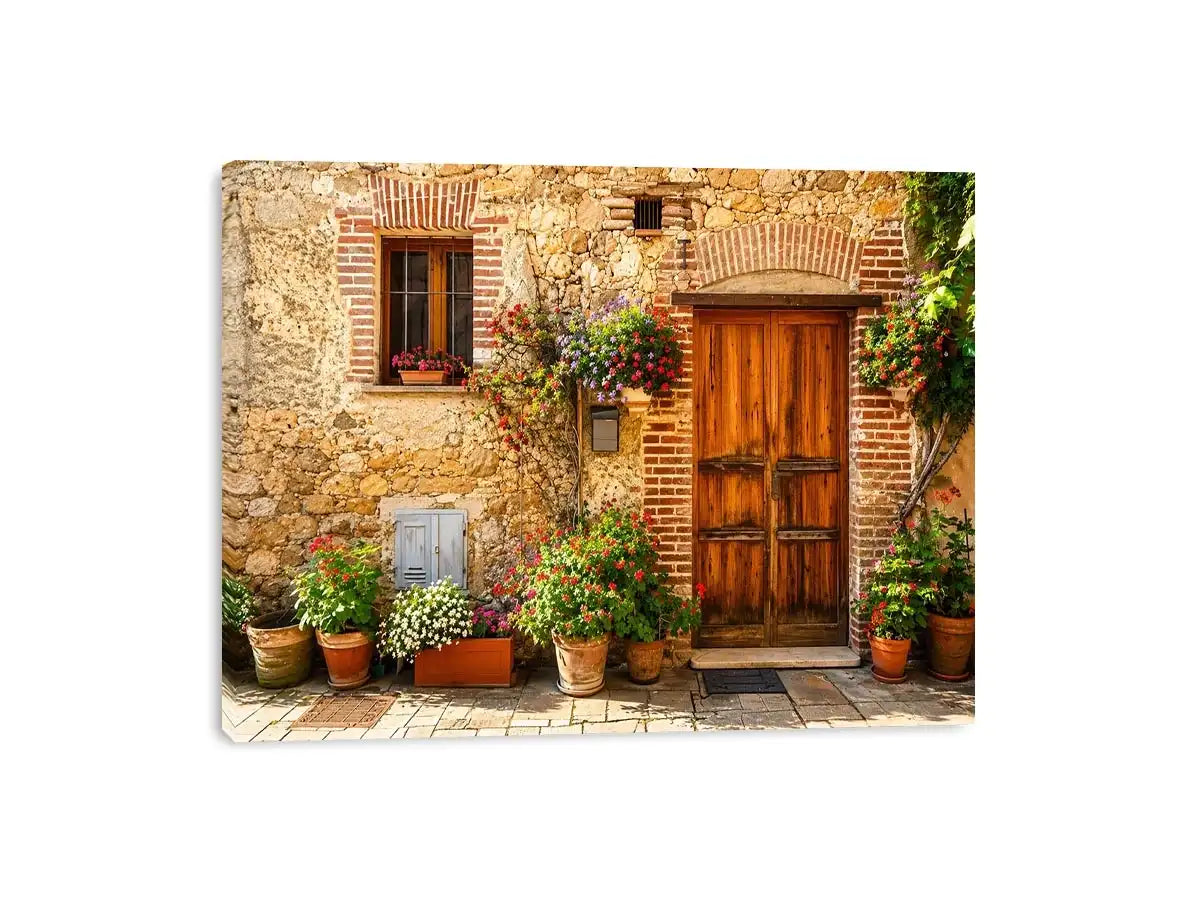 Rustic European cottage with blooming flowers