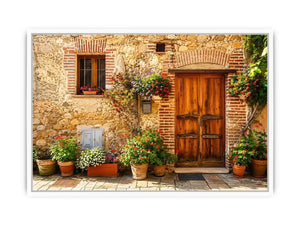 Rustic European cottage with blooming flowers
