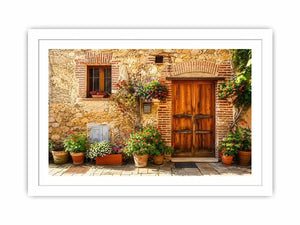 Rustic European cottage with blooming flowers
