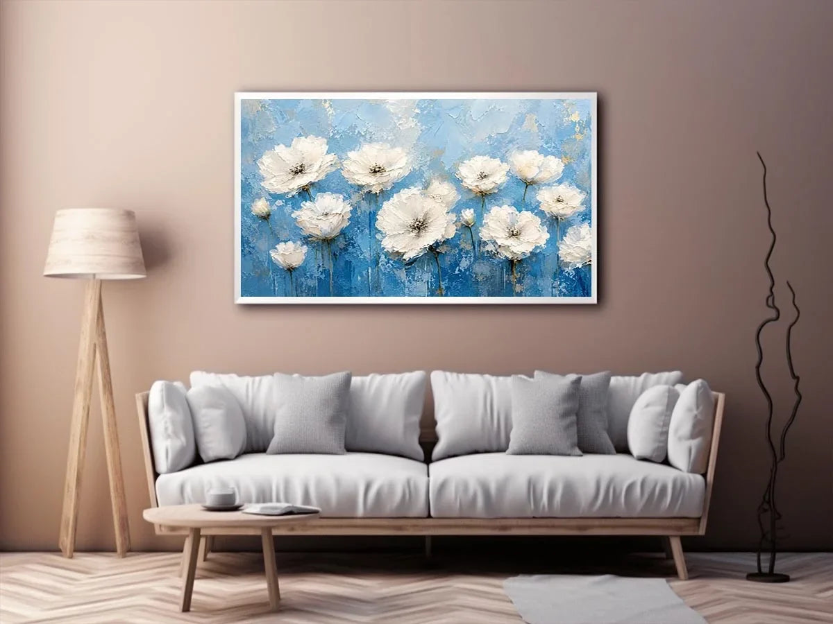 Elegant floral blooms on blue canvas