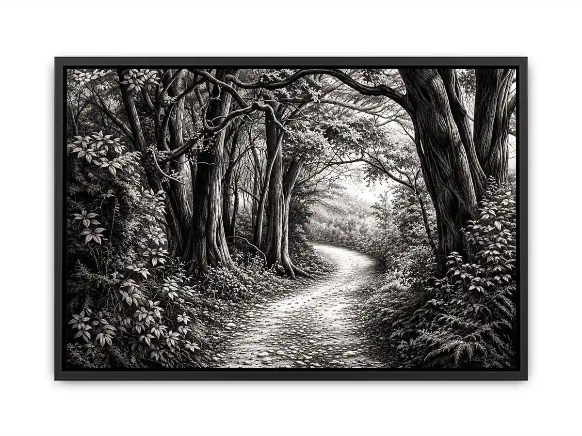 Misty forest path in grayscale