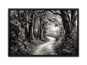 Misty forest path in grayscale