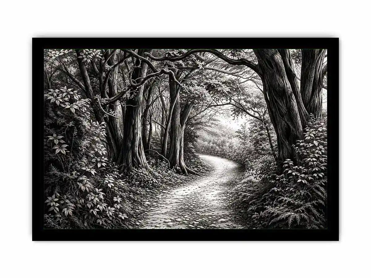 Misty forest path in grayscale