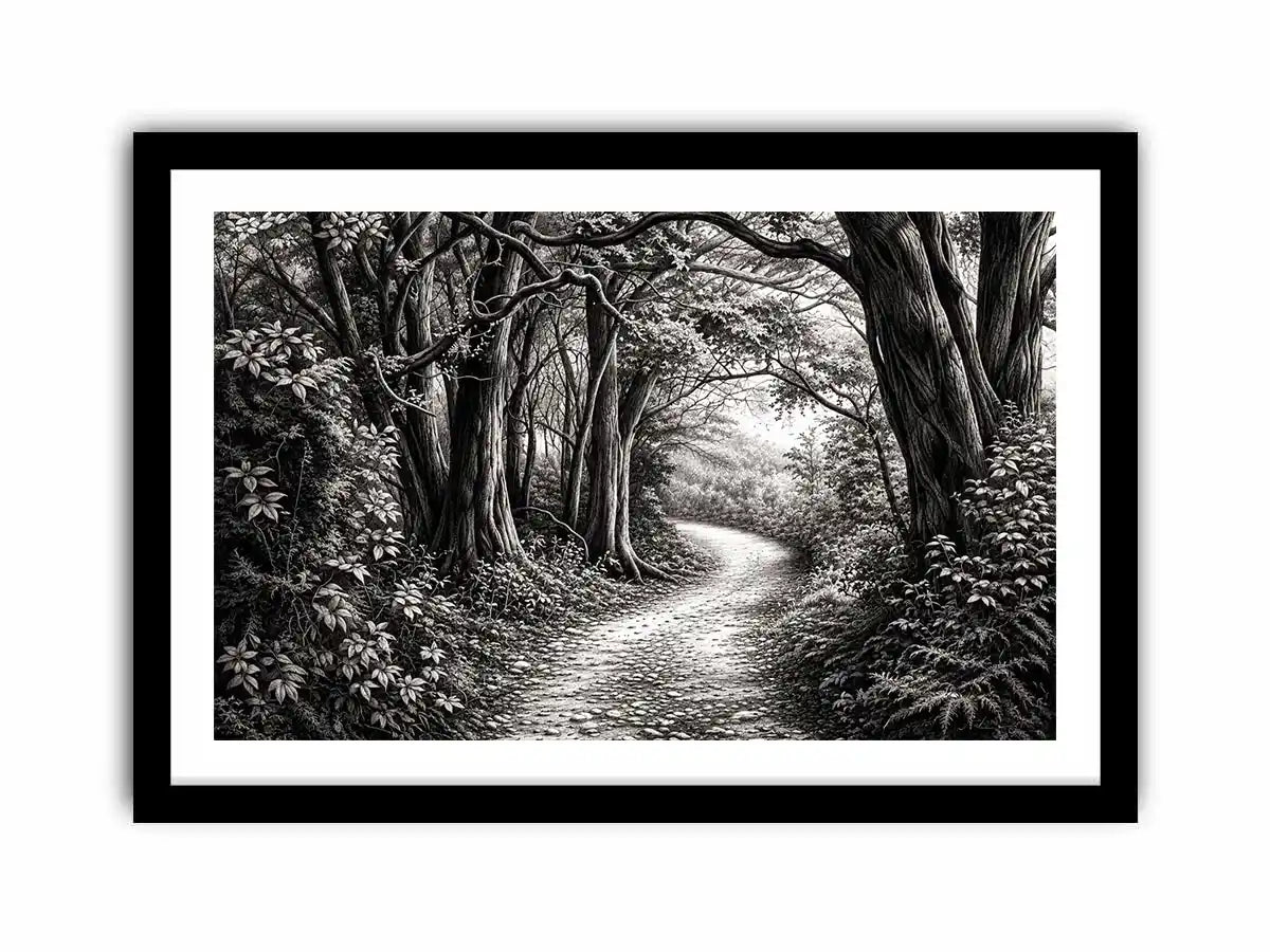 Misty forest path in grayscale