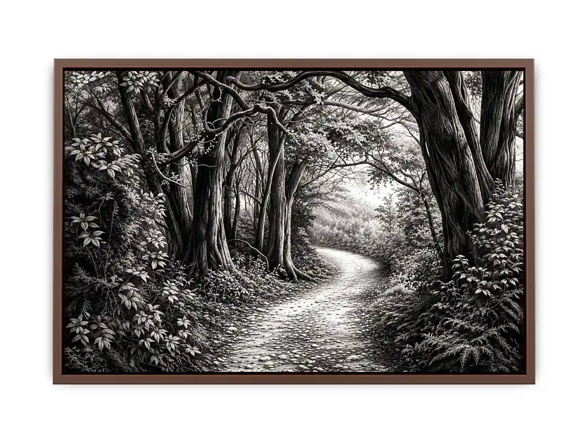 Misty forest path in grayscale