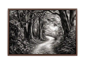 Misty forest path in grayscale