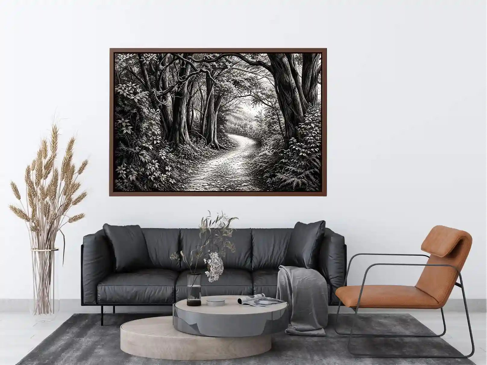 Misty forest path in grayscale