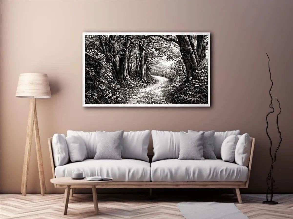 Misty forest path in grayscale
