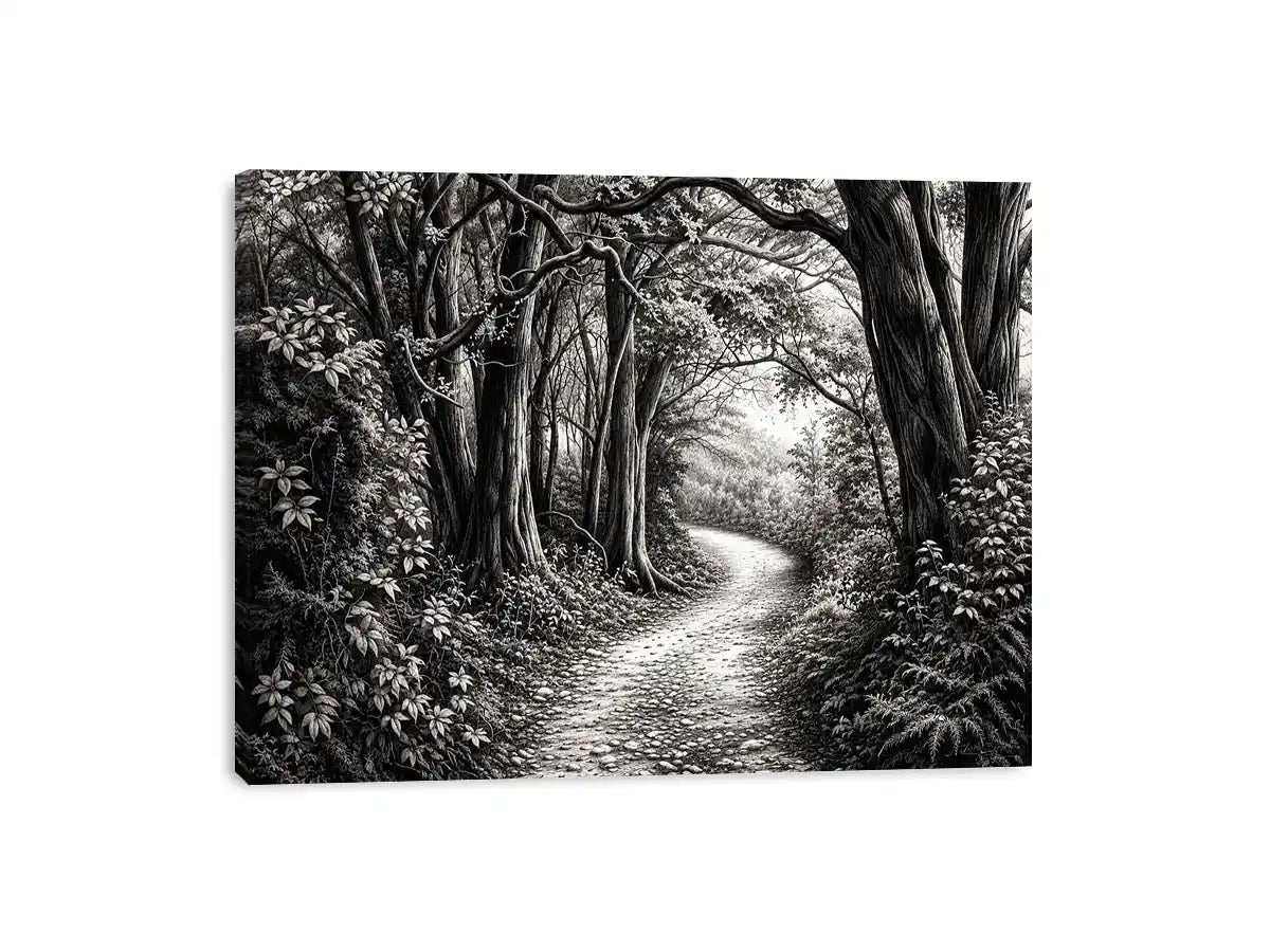 Misty forest path in grayscale