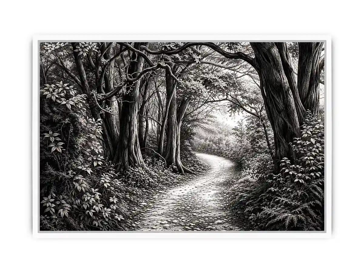 Misty forest path in grayscale