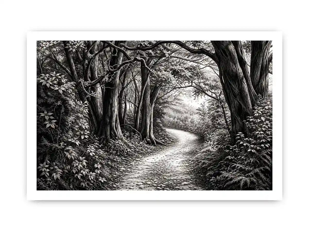 Misty forest path in grayscale
