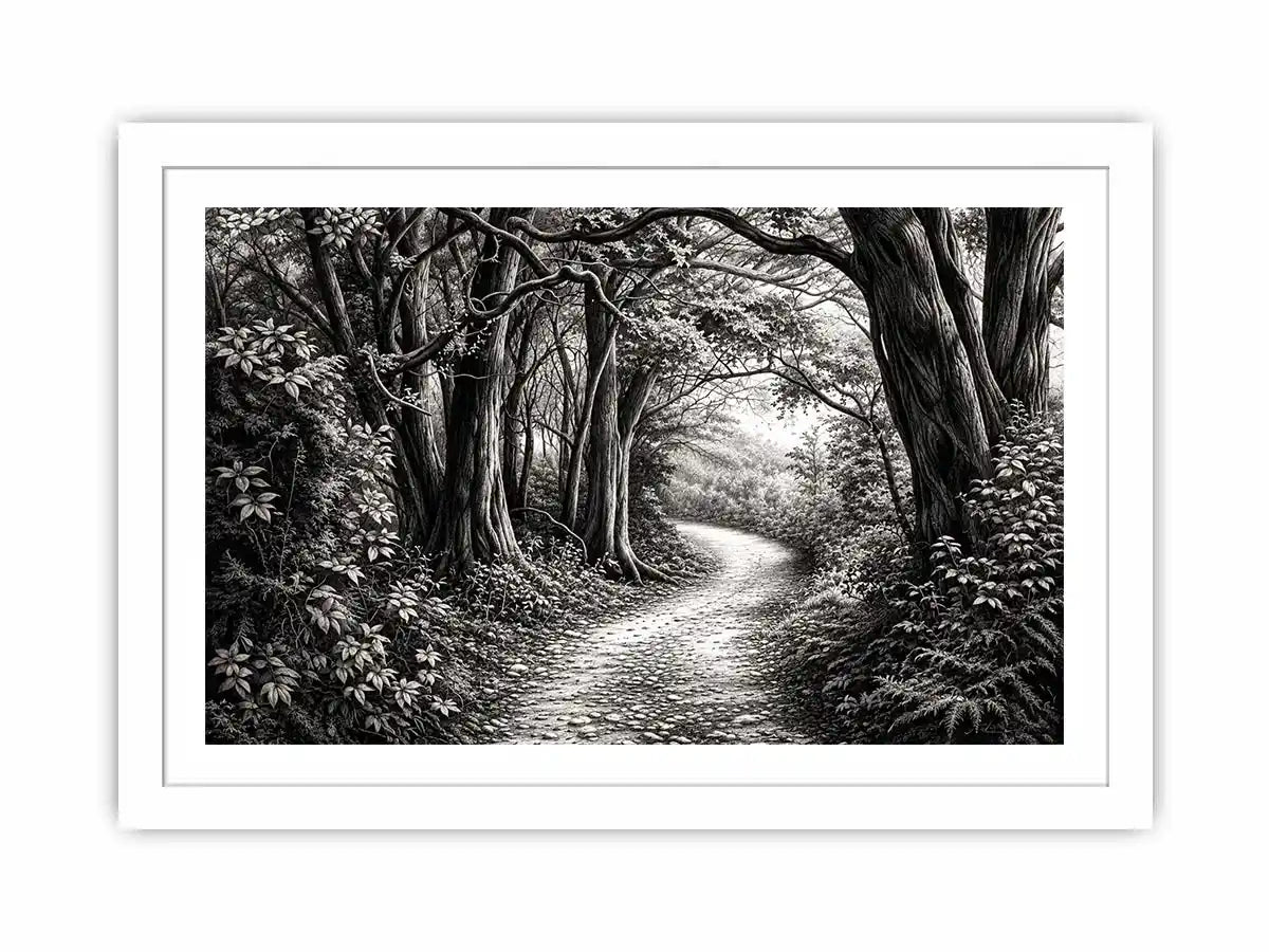 Misty forest path in grayscale