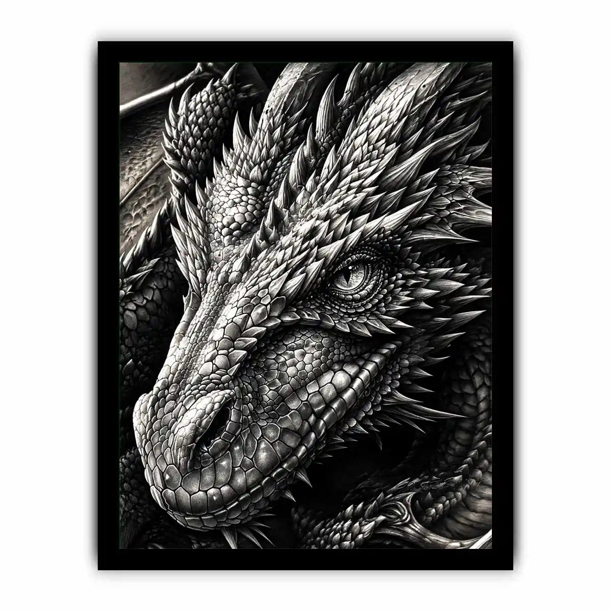 Fierce dragon in monochrome detail