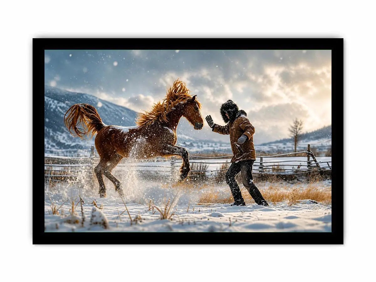 Rearing horse in a snowy field