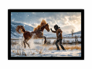 Rearing horse in a snowy field