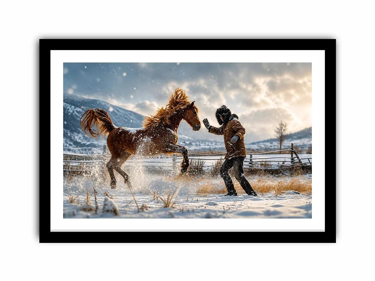 Rearing horse in a snowy field