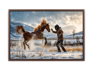 Rearing horse in a snowy field