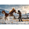 Rearing horse in a snowy field