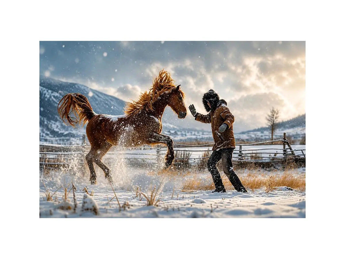 Rearing horse in a snowy field