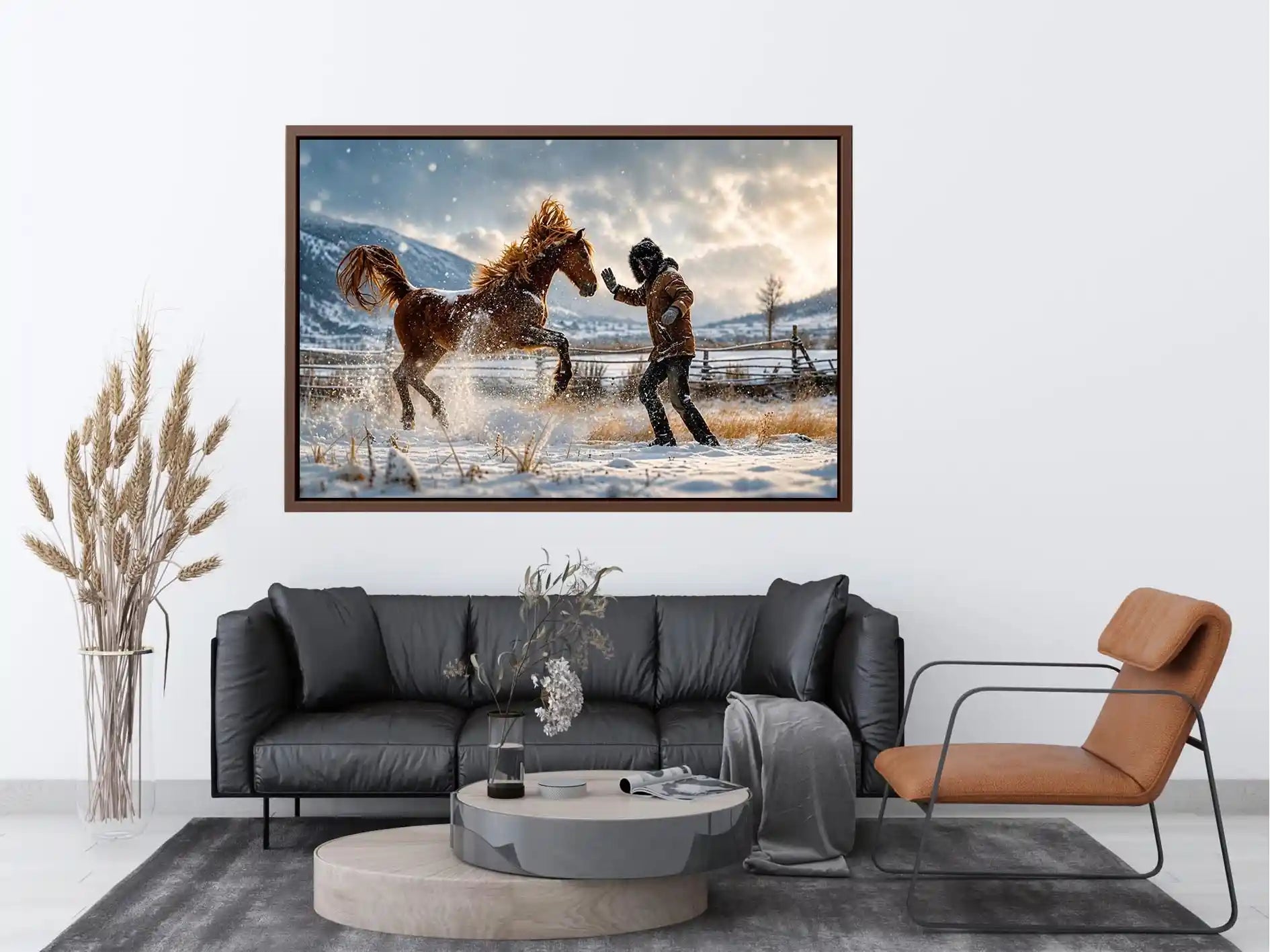 Rearing horse in a snowy field