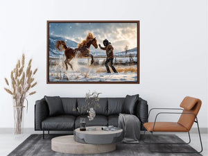 Rearing horse in a snowy field