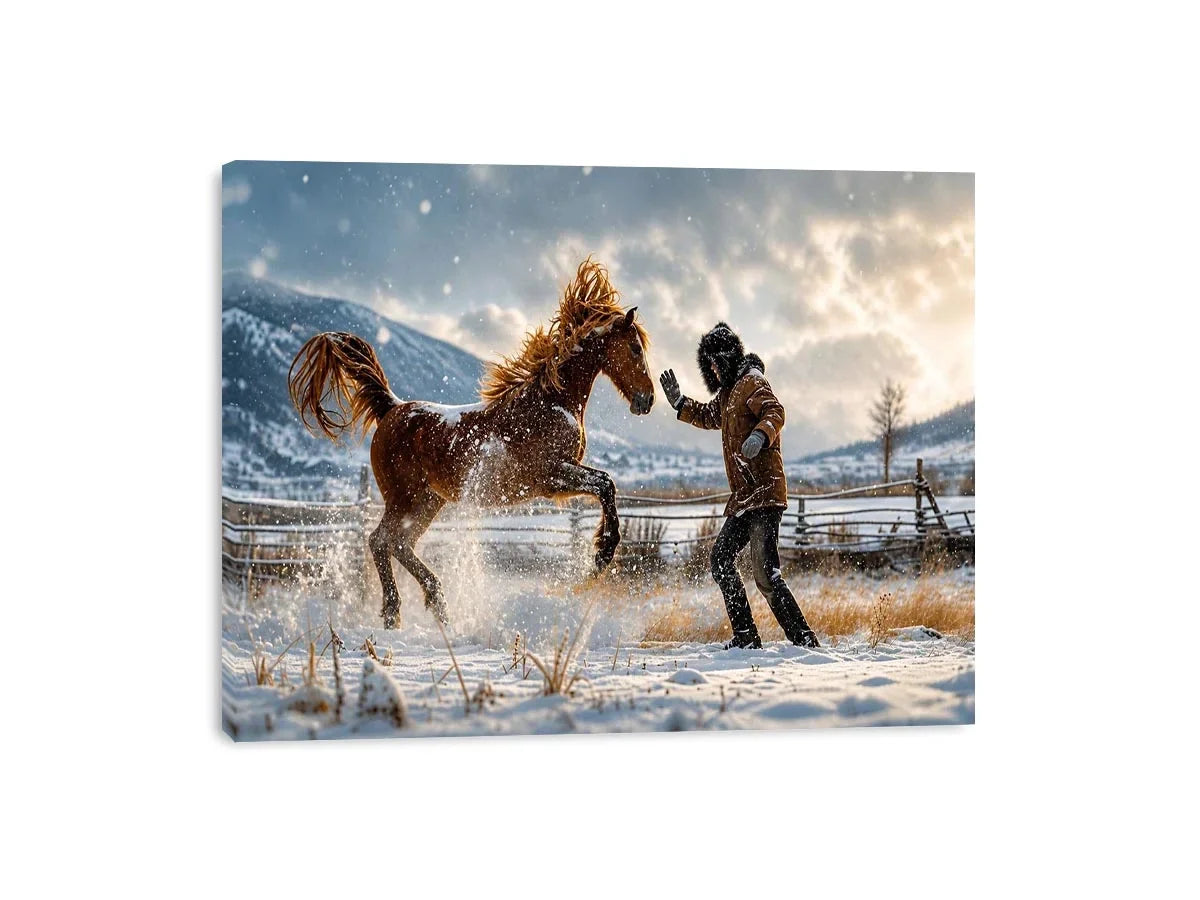 Rearing horse in a snowy field