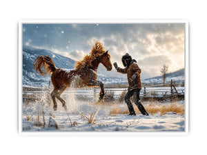 Rearing horse in a snowy field