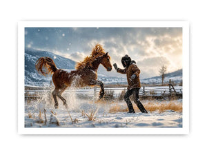 Rearing horse in a snowy field
