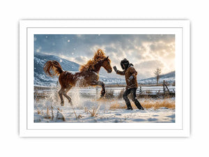 Rearing horse in a snowy field