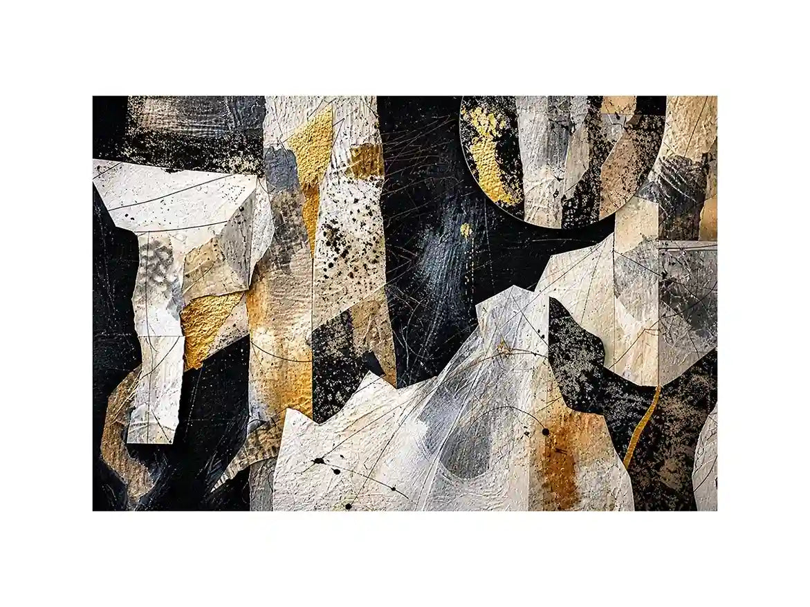Abstract collage with textured gold accents