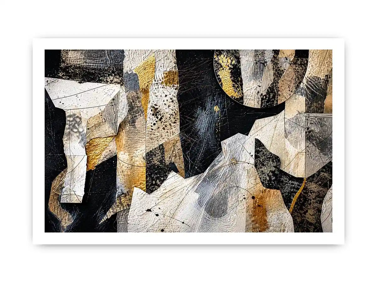 Abstract collage with textured gold accents
