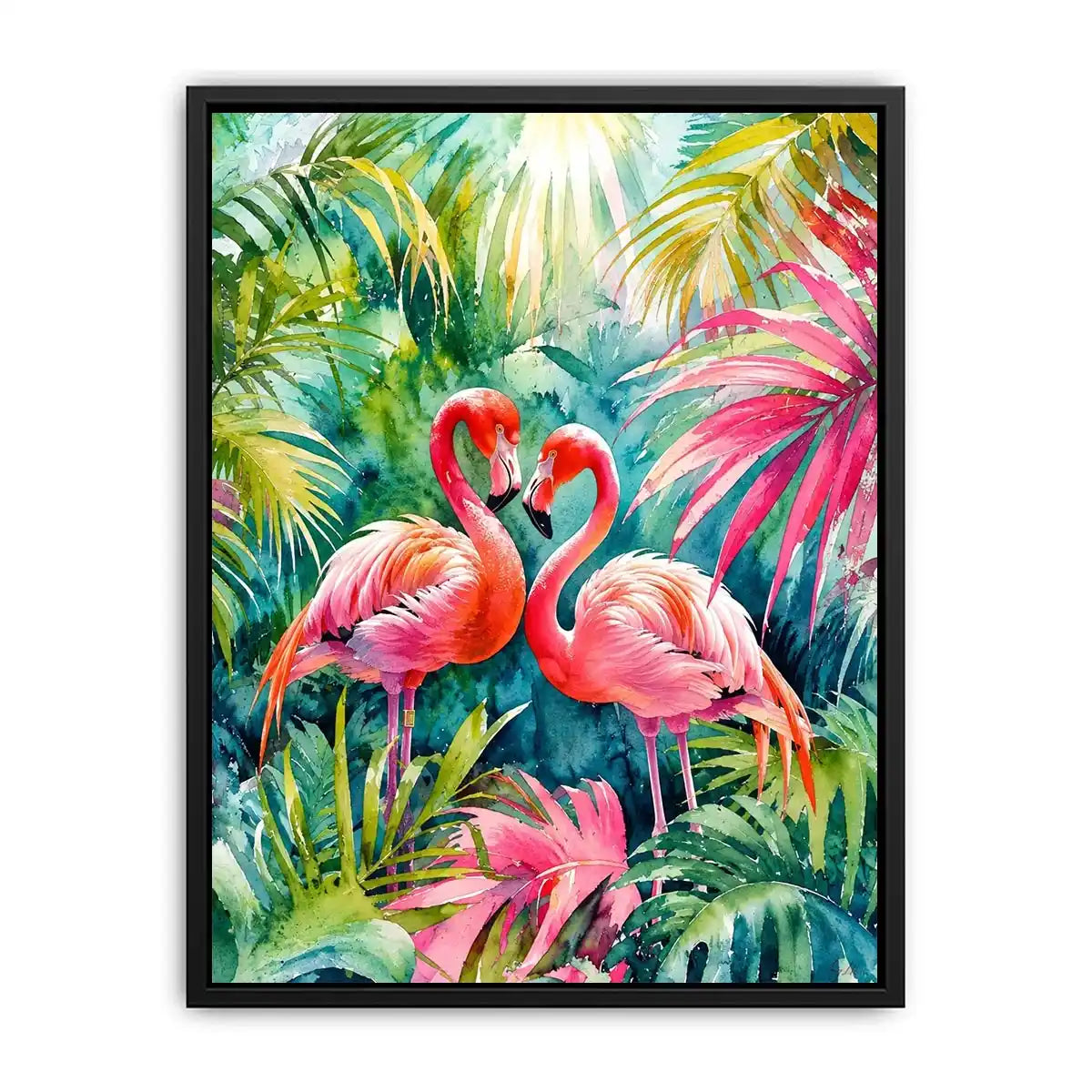 Tropical flamingos in watercolor paradise