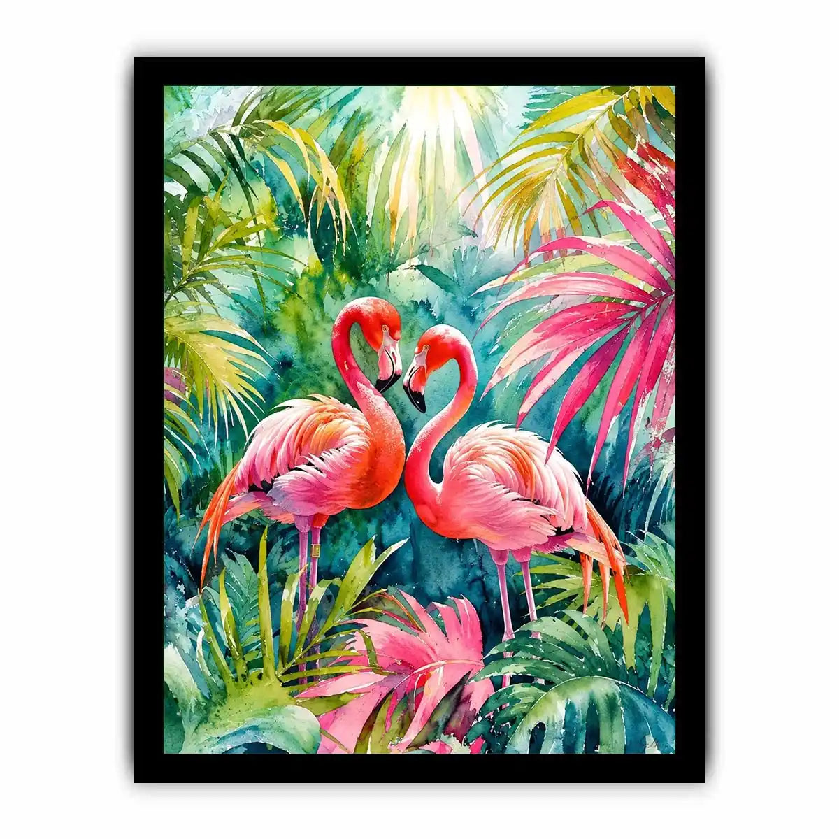 Tropical flamingos in watercolor paradise