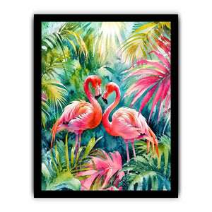 Tropical flamingos in watercolor paradise