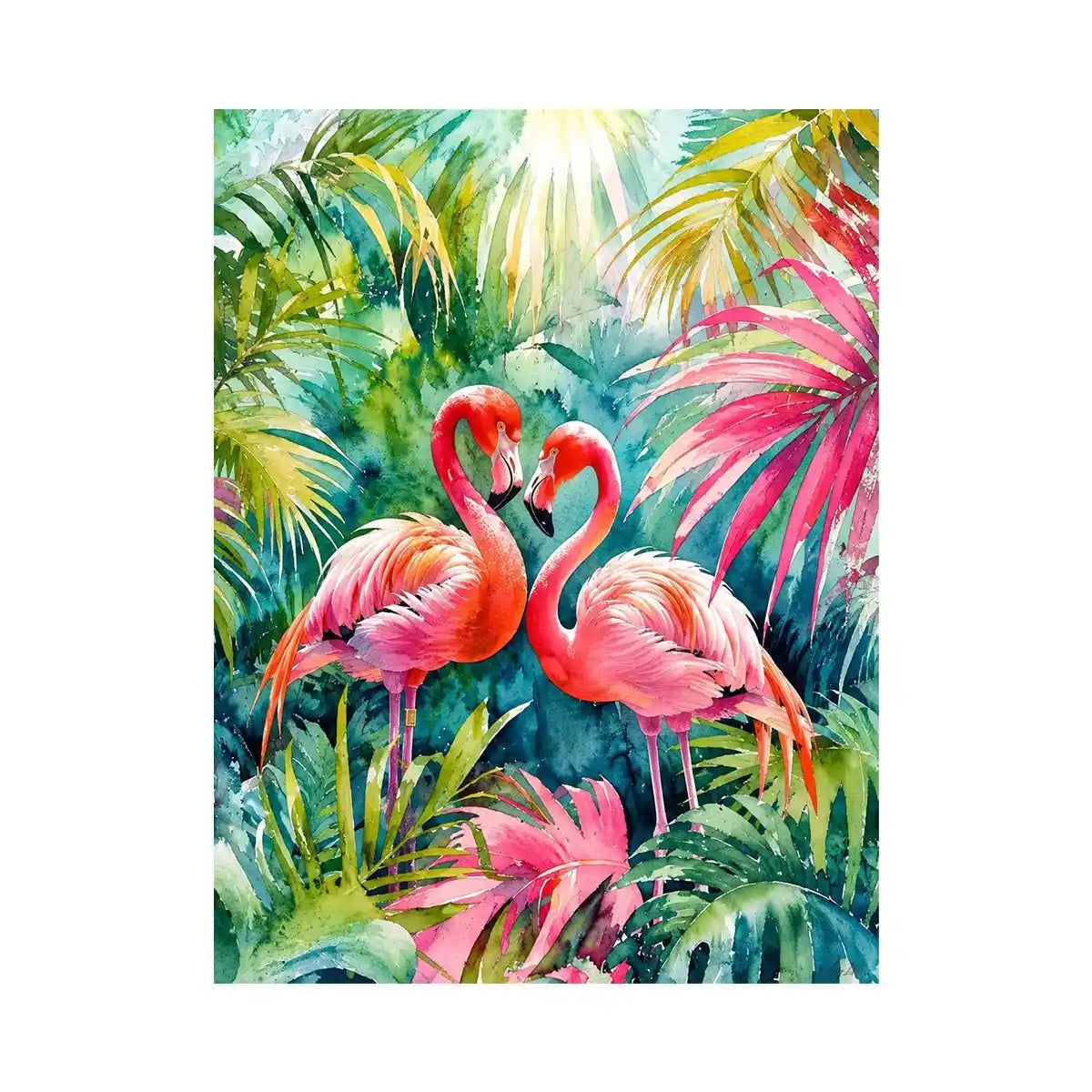 Tropical flamingos in watercolor paradise