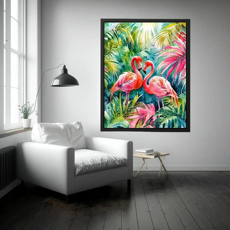 Tropical flamingos in watercolor paradise