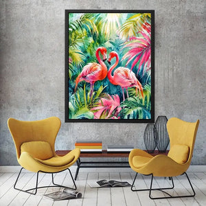 Tropical flamingos in watercolor paradise